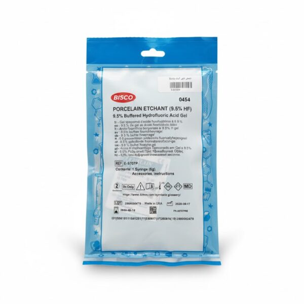 BISCO Porcelain Etchant (9.5% HF) – جل تخريش البورسلان عالي الكفاءةحمض فلور الماء من BISCO بتركيز 9.5% هو جل تخريش متخصص ومصمم لتحضير أسطح البورسلان قبل عمليات اللصق والترميم. يتميز بتركيبة محسّنة تمنح سطحًا خشنًا مناسبًا لتحسين قوة الارتباط مع مواد اللصق والكمبوزيت، مما يضمن نتائج ثابتة وطويلة الأمد.